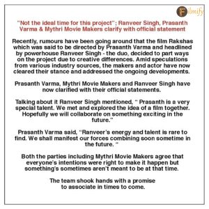 Breaking Silence: Ranveer Singh and Prasanth Varma Part Ways on “Rakshas” Share Official Statement
