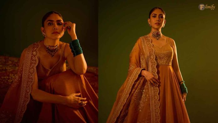 Mrunal Thakur flaunts South Indian Style with Golden Lehenga